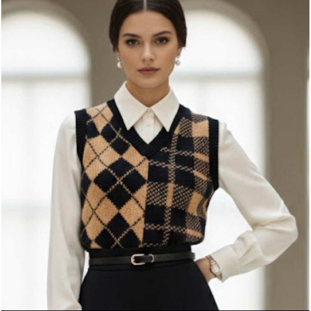 Almost Famous Tan Plaid Sweater Vest  Sleeveless Academic Preppy MEDIUM NEW